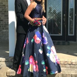 Navy floral 2 piece prom dress